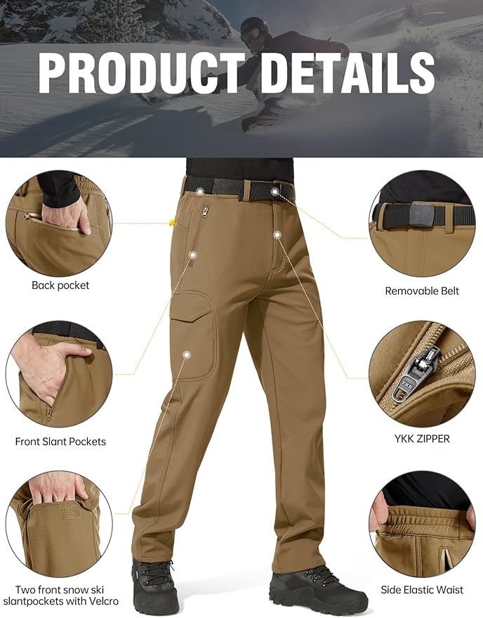 FREE SOLDIER Men's Outdoor Softshell Fleece Lined Cargo Pants Snow Ski Hiking Pants with Belt