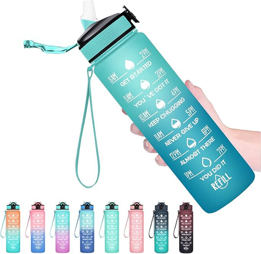 Hyeta 32 oz Water Bottles with Times to Drink and Straw, Motivational Water Bottle with Time Marker, Leakproof, Drinking Sports Water Bottle for Fitness, Gym and Outdoor