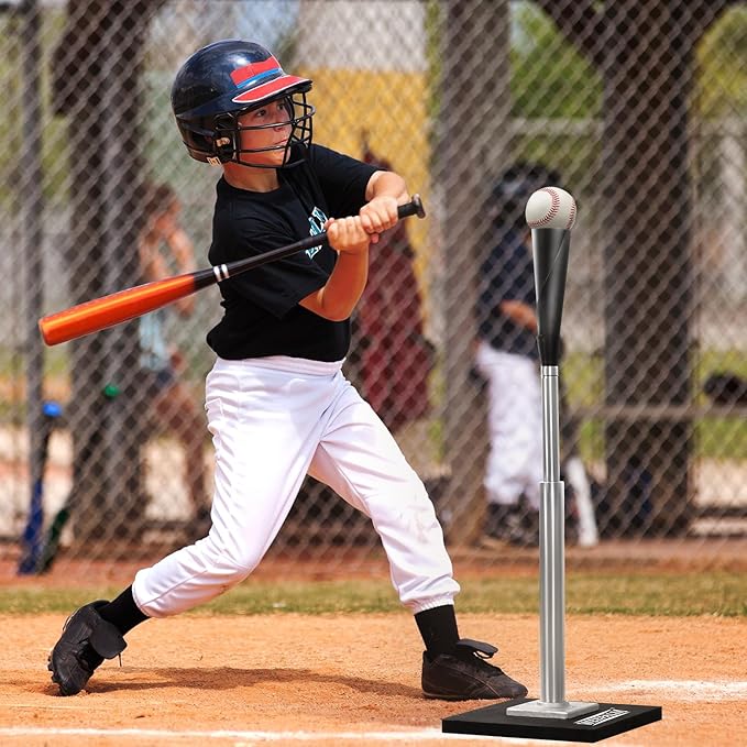 Batting Tee for Baseball/Softball, Premium Hitting Tee with Handrolled Rubber Top,Aluminum Stem,Metal Base,Easy Setup Baseball Tee Height Adjustable 24-46 inch for Kids and Adults