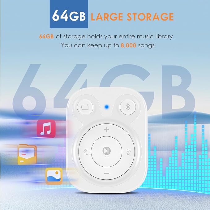 64GB Clip MP3 Player: Upgraded Bluetooth 5.3, Earphones Included, 15 Hours Battery Mini Music Player, 1000+ Songs Storage, No Phone Needed, Portable Music Players