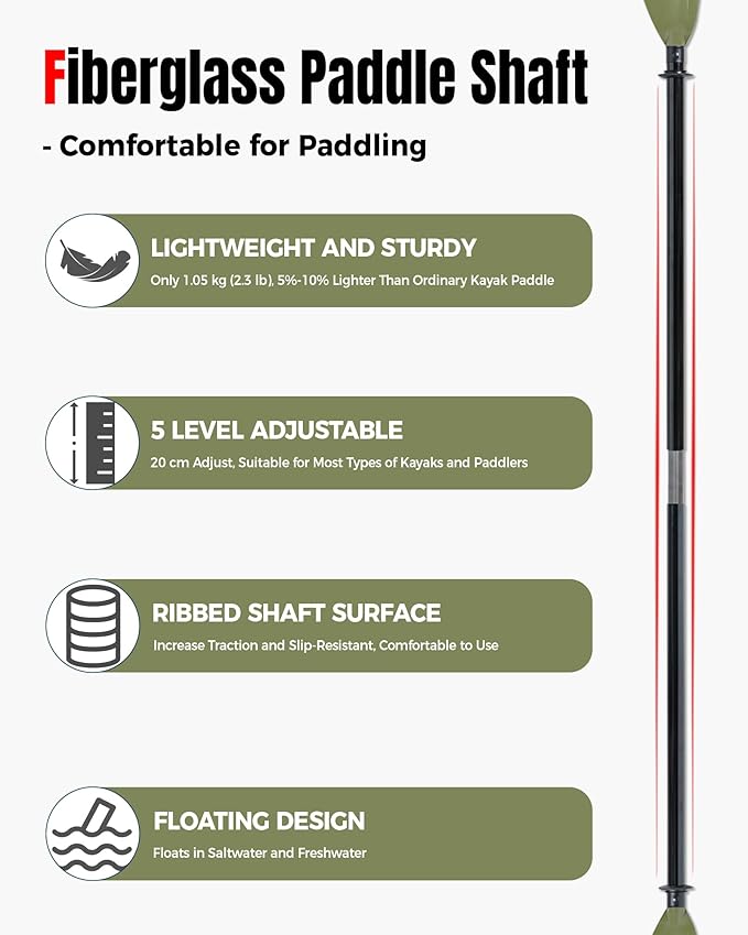 Angler Kayak Paddle with Fiberglass Shaft and Plastic Blade, Floating Adjustable Fihsing Kayak Oar, 220-240 cm/86-94", 240-260 cm/94-102", 260-280 cm/102-110"