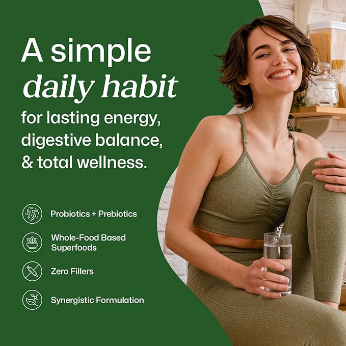 ColonBroom Superfood Greens Powder Supplement | Super Greens Juice Powder with Probiotics, Prebiotics, Spirulina & Chlorella | Natural for Energy, Immunity, Digestion & Detox Support | 56 Servings