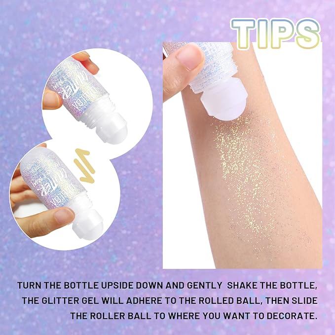 DAGEDA Body Glitter Gel, Roll-on Face Glitter for Mermaid Makeup Festival Rave Accessories, Holographic Hair Glitter Gel,Body Shimmer Halloween Makeup for Rave Party(Ocean Glow)