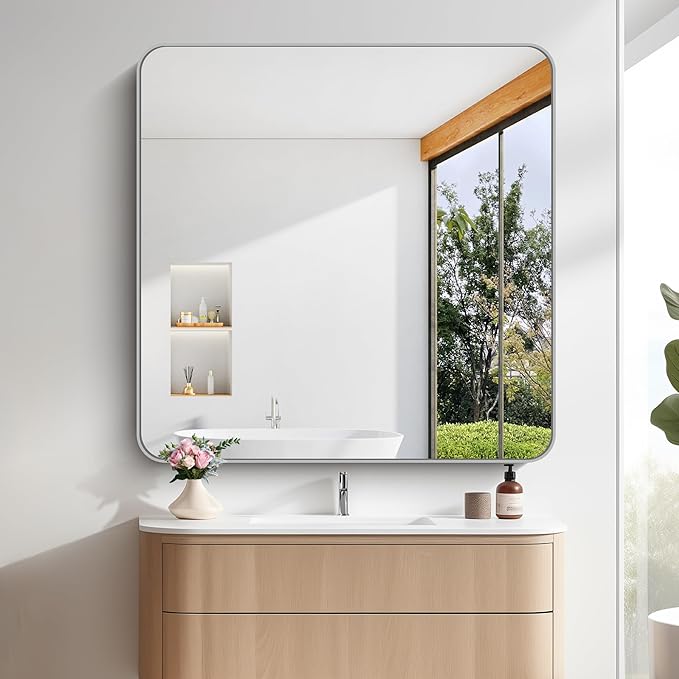 FORBATH 42x42 Inch Silver Bathroom Mirror for Over Sink, Large Square Wall Mirror with Metal Frame, Rounded Corners for Bathroom, Bedroom, Entryway Decor (Horizontal or Vertical)