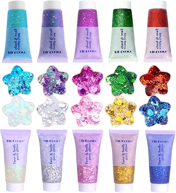 Face Body Glitter, Hair Glitter Sparkles Chunky Face Glitter Gel for Girls Makeup Singer Concerts Mermaid Festival Sequins, 10 Colors(White+Silver+Gold+Pink+Blue+Purple+Red+Light Blue+Green+Rose)