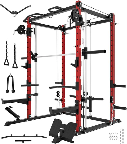 Eonfit E3 Smith Machine with 360°Rotating Arm for Home Gym Equipment, Multi-Function Power Cage Squat Rack with Cable Crossover LAT Pulldown Pulley System All in One