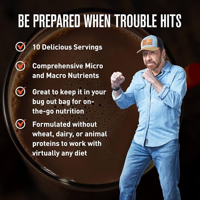 Basecamp Complete Nutrition Shake by Chuck Norris Roundhouse Provisions – Plant-Based Emergency Meal with 18g Protein & 28 Essential Nutrients – Rich Chocolate Flavor – 10 Servings, 3-Year Shelf Life