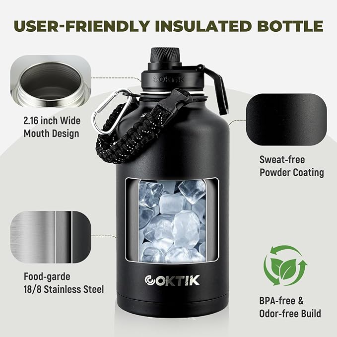 COKTIK 64oz Half Gallon Water Bottle - Triple Insulated Stainless Steel Flask, 48hr Cold Retention, Leakproof & BPA-Free, Large Water Jug for Gym, Hiking, Camping, Outdoor Sports (Midnight)