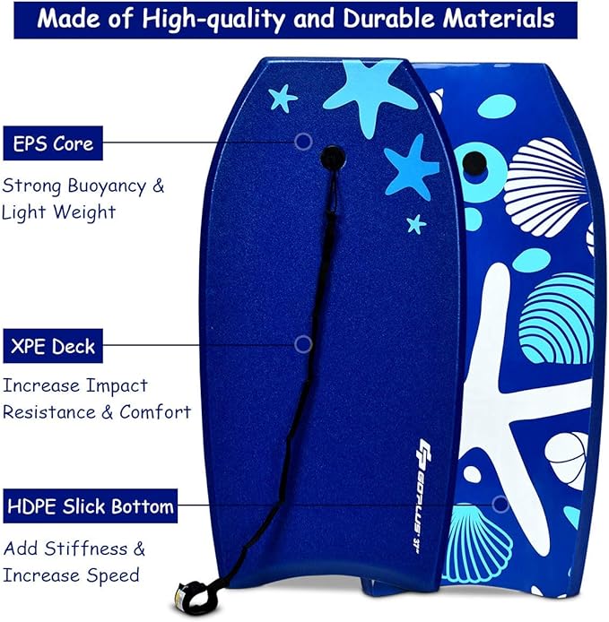 Goplus 41''/37''/33'' Lightweight Body Board for Beach, Surf Board with EPS Core, XPE Deck, HDPE Slick Bottom, Wrist Leash, Bodyboard for Kids Adults Surfing