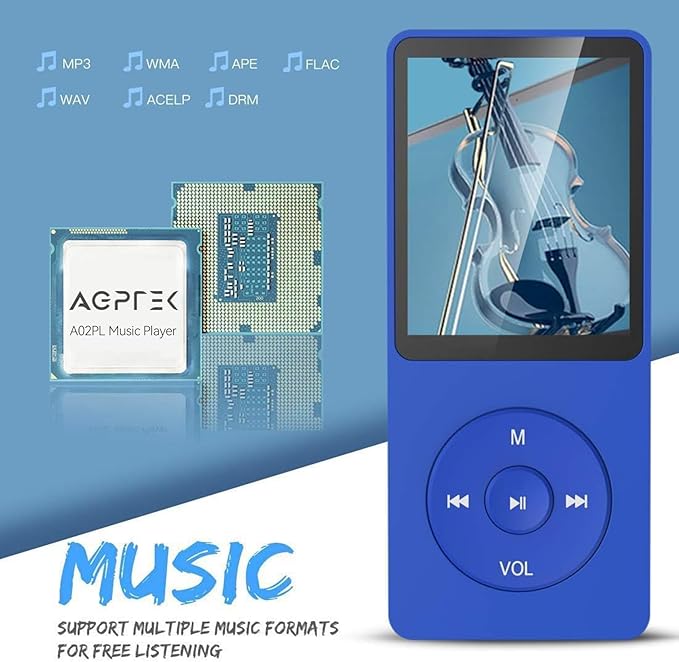 AGPTEK A02PL 64GB MP3 Player, 70 Hours Playback Lossless Sound Music Player, Supports up to 128GB(Deep Blue)