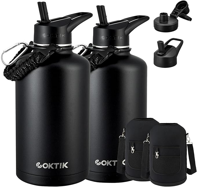 COKTIK 84oz Water Bottle with Straw - Triple Insulated Flask, 48hr Cold Retention Large Water Bottle, Leakproof Water Jug for Gym, Hiking, Camping, Outdoor Sports (2 pack,Black)