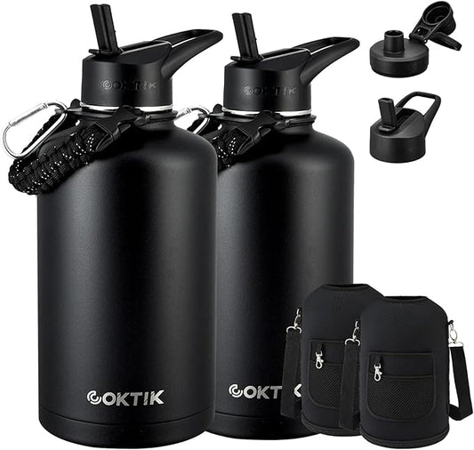 COKTIK 84oz Water Bottle with Straw - Triple Insulated Flask, 48hr Cold Retention Large Water Bottle, Leakproof Water Jug for Gym, Hiking, Camping, Outdoor Sports (2 pack,Black)