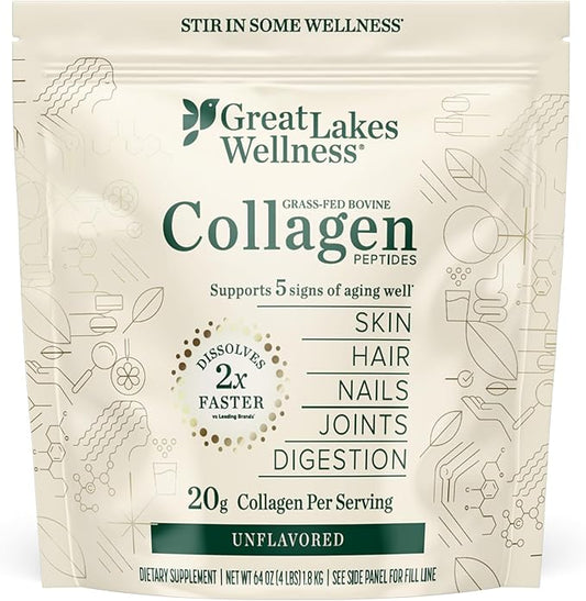 Great Lakes Wellness Collagen Peptides Powder for Skin, Hair, Nails, Joints & Digestion - Unflavored - Quick Dissolve Hydrolyzed, Non-GMO, Keto, Kosher - 4 lb. Value Pouch