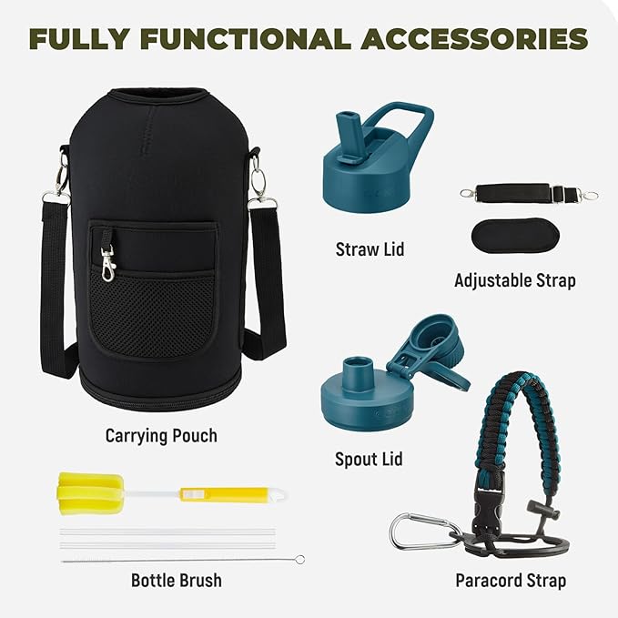 COKTIK 128 oz Insulated Water Bottle, Triple Wall Stainless Steel Flask, Keeps Drinks Cold for 48 Hrs Leak-Proof & BPA-Free Half Gallon Jug with Paracord Handle, Straw & Spout Lids(Indigo Black)