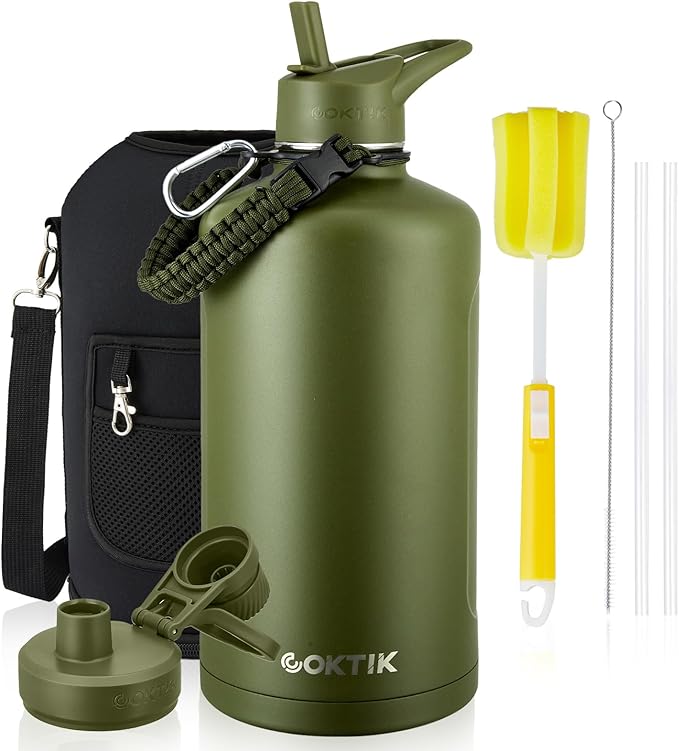 COKTIK 128 oz Insulated Water Bottle, Triple Wall Stainless Steel Flask, Keeps Drinks Cold for 48 Hrs Leak-Proof & BPA-Free Half Gallon Jug with Paracord Handle, Straw & Spout Lids(Army Green)