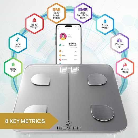 INEVIFIT Smart Body Fat Scale, Highly Accurate Bluetooth Digital Bathroom Body Composition Analyzer, Measures Weight, Body Fat, Water, Muscle, Visceral Fat & Bone Mass for Unlimited Users (Silver)