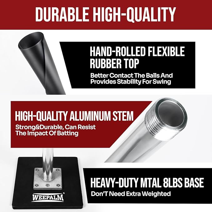 Batting Tee for Baseball/Softball, Premium Hitting Tee with Handrolled Rubber Top,Aluminum Stem,Metal Base,Easy Setup Baseball Tee Height Adjustable 24-46 inch for Kids and Adults