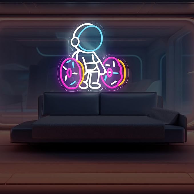 Astronaut Lifting Donut Neon Sign Astronaut Donut Neon Light Astronaut Light Sign Dimmable Bakery LED Neon Light for Club Decor Man Cave Game Room Bar Pub 12.5"×12.7"