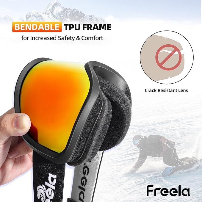 Freela Ski Goggles OTG Men Women, Over Glasses Snow Snowboard Sports Goggles for Adult Youth 100% UV400 Protection Anti Fog