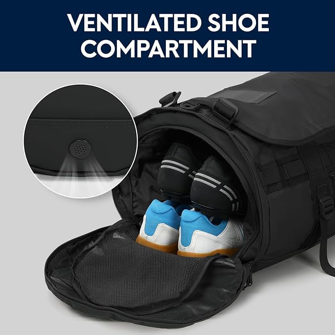 Haimont Duffle Backpack, Travel Duffel Bag with Shoes Compartment, Water-resistant Overnight Daybags for Men Women Daily Trip, Sports Gear, Gym, 45L, Black