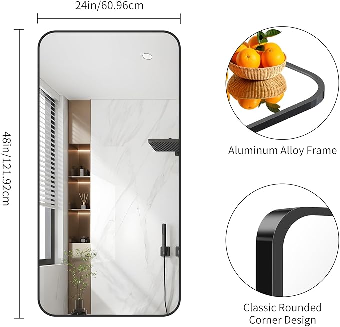 FORBATH Bathroom Mirror 48" x 24", Rectangle Black Narrow Bathroom Mirror with Black Aluminum Frame Rounded Corner, Wall Mounted Mirror for Bedroom Entryway Living Room
