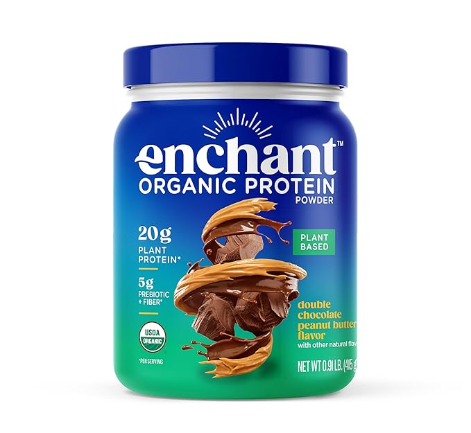 Enchant Organic Protein Powder, Double Chocolate Peanut Butter flavor – 20g Plant Protein sourced from North American Farms, 5g Prebiotic + fiber, USDA Organic, Non-GMO, Plant-based, Non-Dairy, Vegan, 0.91 lb