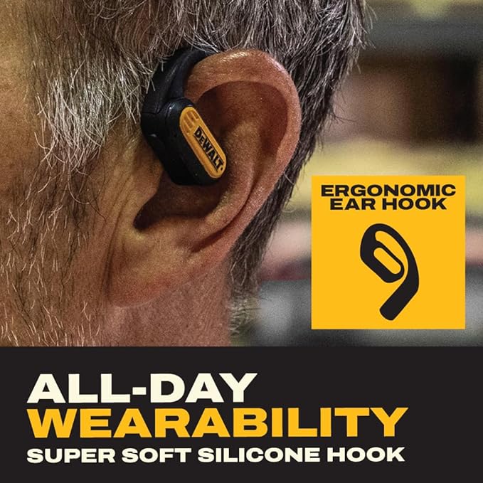 DEWALT Heavy Duty Open Ear Headphones, Bluetooth 5.3 Wireless Earbuds with 44Hrs Runtime, Jobsite Premium Sound True Wireless Air Conduction Open Ear Earbuds with Earhooks for Worksites and Workouts