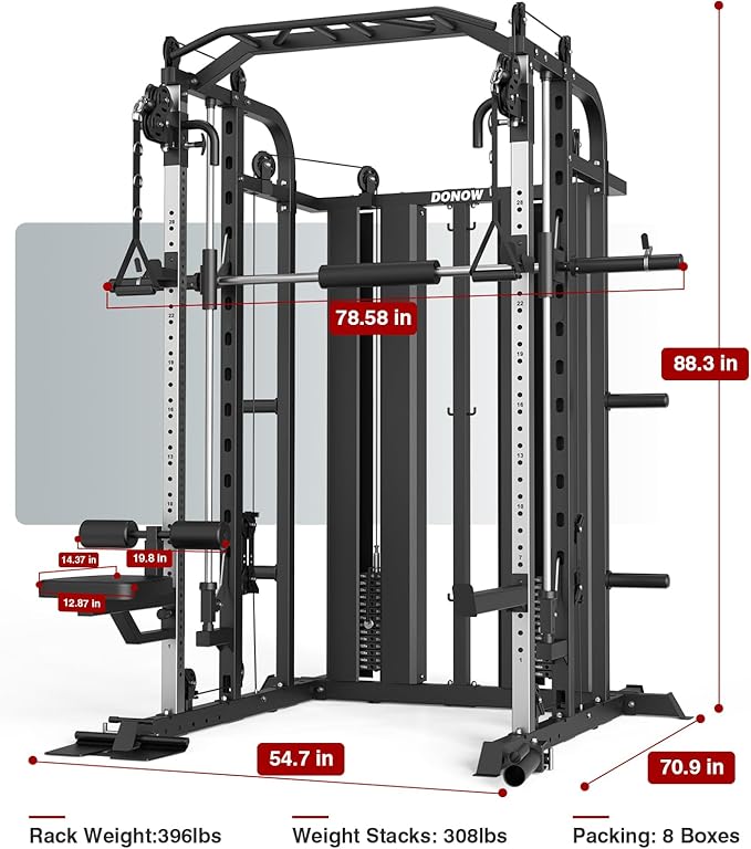 DONOW Smith Machine with Weight Stacks Power Cage Squat Rack Dual Cable Crossover Machine Home Gym Systems Station LAT Pull Down