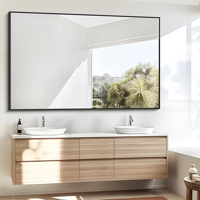 Bathroom Mirror,55x36 inch Large Wall Mirror for Bathroom Wall Mounted Black Rectangle Corner Mirrors,Black Bathroom Mirror for Living Room,Farmhouse,Bedroom Entryway,Horizontal/Vertical
