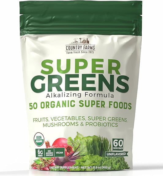 Country Farms Super Greens Natural Flavor, 50 Organic Super Foods, USDA Organic Drink Mix, Fruits, Vegetables, Super Greens, with Fiber, Mushrooms & Probiotics, Supports Energy, 60 Servings, 900g