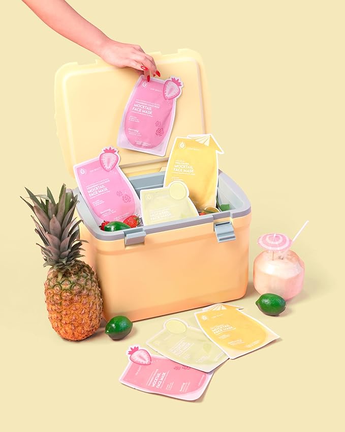 ESW Beauty Mocktail Face Mask Set - 3-Pack Vegan Face Masks for Hydrating, Revitalizing & Calming Skin - Includes Coco Lime Mojito, Strawberry Coco Rosé & Piña Colada Biocellulose Masks