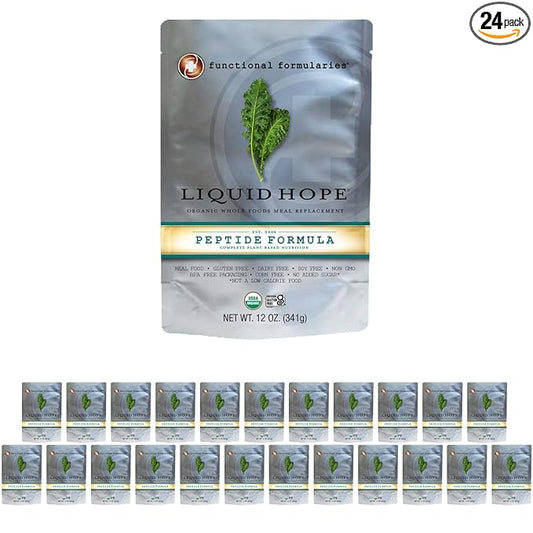 Functional Formularies Liquid Hope Peptide Organic Tube Feeding Formula and Nutritional Meal Replacement Supplement, 12 Oz Pouch, Pack of 24