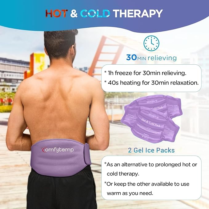 Comfytemp Ice Pack for Back Pain Relief, 2 Packs, Reusable Gel Lower Back Wrap Ice Brace for Sciatica Injuries, Hot Cold Compression for Lower Lumbar, Waist, Men Women Surgery Get Well Gifts (Purple)