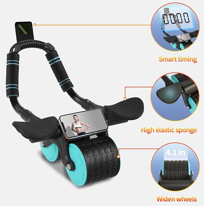 Ab Roller Wheel with Timer & Knee Mat, Home Workout Auto Rebound Abdominal Wheel with Elbow Support - Core Workout Equipment for Strengthening Abs, Home Gym Exercise for Women & Men