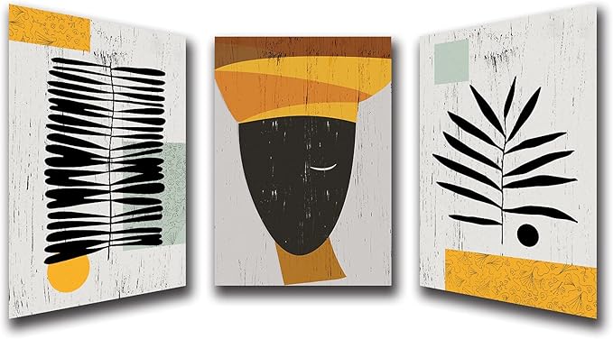 Framed Canvas Wall Art African Ethno Motive Wall Art Set, Abstract Ethno Art, African American Woman Portrait, Black Orange Print, Contemporary Collage, Minimalist (S-3pcs,20x30inchx3pcs)