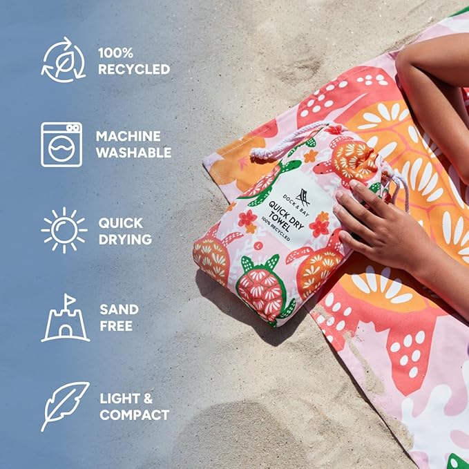 Dock & Bay Beach Towel - Quick Dry, Sand Free - Compact, Lightweight - 100% Recycled - Includes Bag - Turtley Tropical - Large (160x90cm, 63x35)