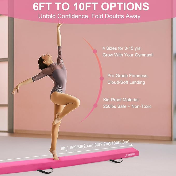 AWSUM Foldable Balance Beam for Kids, 6ft/8ft/9ft/10ft Anti-Slip Gymnastics Equipment, Suede Cover, Toddler to Teen, for Home Training School