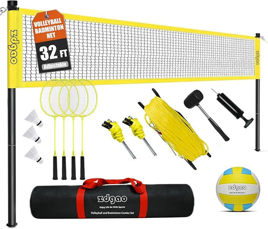 Badminton & Volleyball Combo Set- 32FT Adjustable Professional Volleyball Net for Lawn, Backyard, Easy Set up Volley ball Set with Volley ball,Badminton Racquets,Carry Bag,Boundary Line for Family Fun