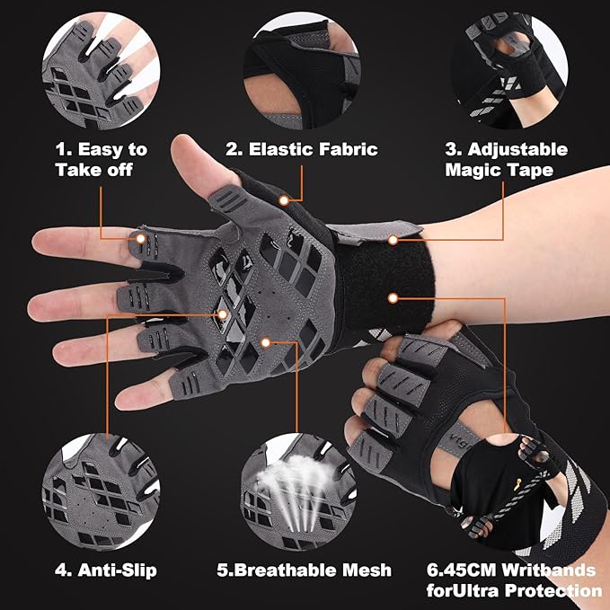 Fingerless Fitness Gloves with Wrist Support for Men - Ideal for Gym, Workout & Weight Lifting, Sports Gloves with Padded Design, Excellent Grip and Cushion Pads