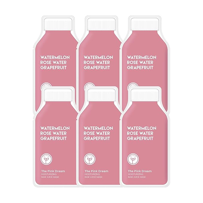 ESW Beauty The Pink Dream - Moisturizing Raw Juice Face Mask (6-Pack) - Hydrating with Watermelon, Rose Water & Grapefruit for Dry, Sensitive Skin - Vitamins C & E for Radiance