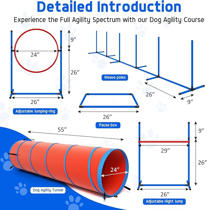 Dog Agility Course Backyard Set Dog Agility Equipment Obstacle Course Backyard Includes Adjustable High Hurdle,6 Weave Poles,Extended Tunnel,Jump Ring,Square Pause Box,2 Balls,Whistle,2 Carrying Bags