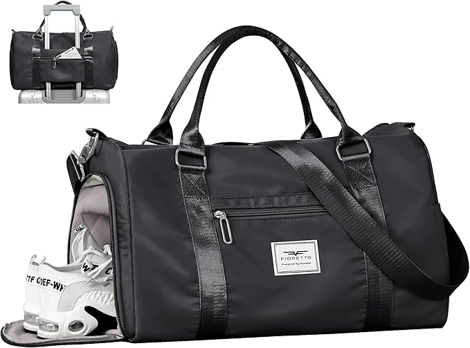 FIORETTO Womens Gym Tote Duffle Bag with Wet Pocket & Shoe Compartment, Sports Duffel Overnight Weekender Hospital Workout Carry on Bag for Girls, Ideal for Travel, Swimming, Dance, Ballet Black