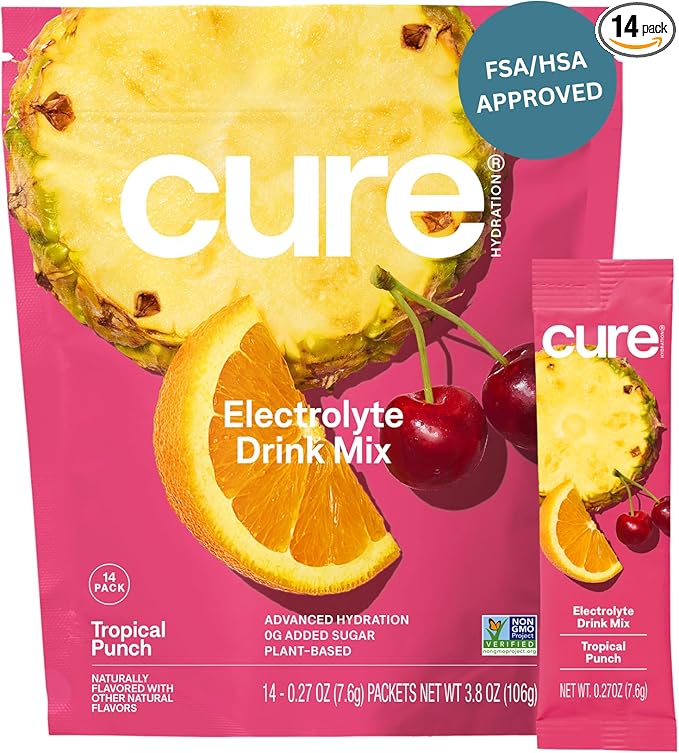 Cure Hydration | Plant-Based Electrolyte Drink Mix | No Added Sugar | FSA-HSA | Dehydration Relief Powder Made with Coconut Water | Non-GMO | Vegan | Pouch of 14 Packets - Tropical Punch