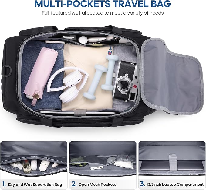 Gym Bag for Men and Women with Shoe & Laptop Compartment, 3-in-1 Sports Travel Duffel Bag Anti-Theft Weekender Carry-On Backpack for Airplane & Workout, Overnight Travel Bag,35L (Black, Medium)