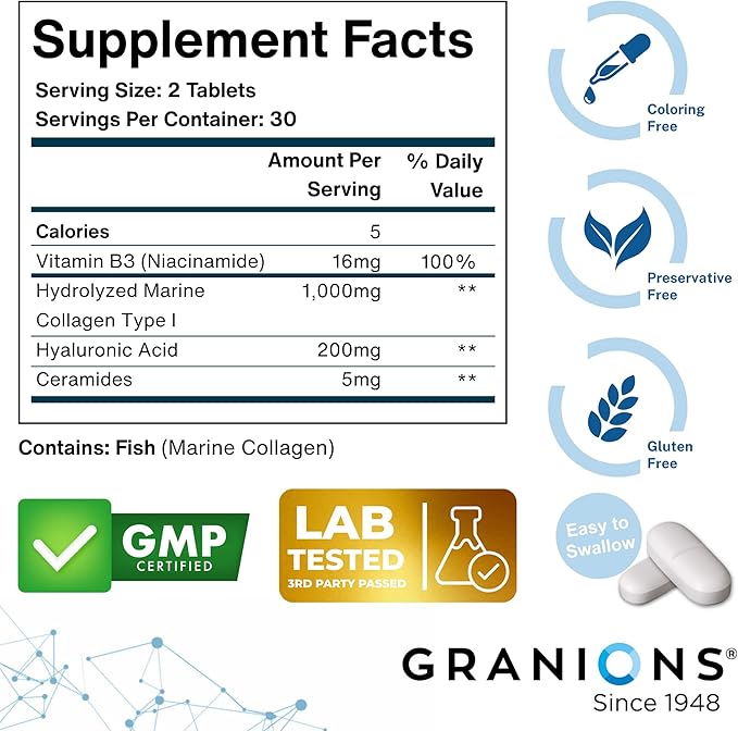 Hyaluronic Acid Supplements 200mg - Marine Collagen Peptides, Vitamin B3 Niacinamide, Ceramides Supplement - Deep Hydration & Anti-Aging Skin Care Complex for Women and Men - 60 Foil Sealed Tablets