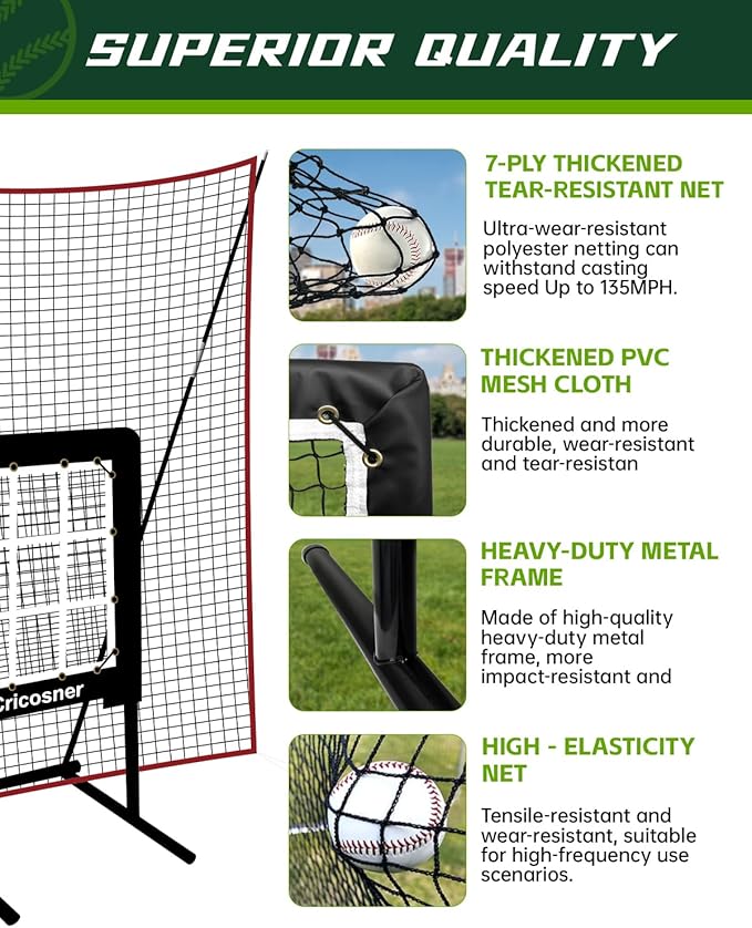 9 Hole Pitching Net, Heavy-Duty Baseball Net with Strike Zone for Pitching and Hitting, Height Adjustable Training Equipment with 9 Pocket Pitching Target for Baseball & Softball Practice