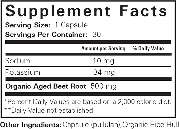 Aged Beet Root Capsules - Beet Pills for Stamina - Organic Beet Root Powder - Nitric Oxide Supplement - Nitrate No Sugar - 30 Capsules - Beet Root Supplement - Super