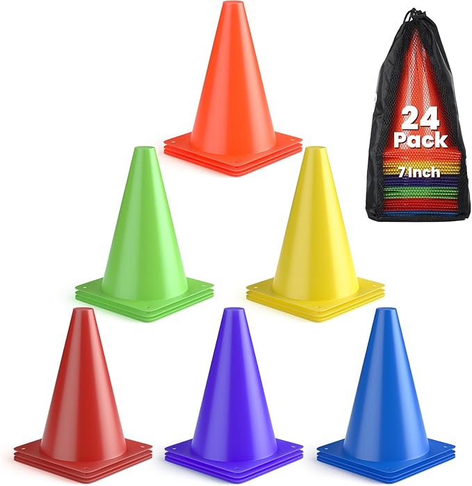 GHB Soccer Cones 7" 9" of 12 24 Pack Disc Soccer Sport Cones Training Field Marker Agility Cones for Basketball, Coaching, Practice Equipment Includes Drills Guide