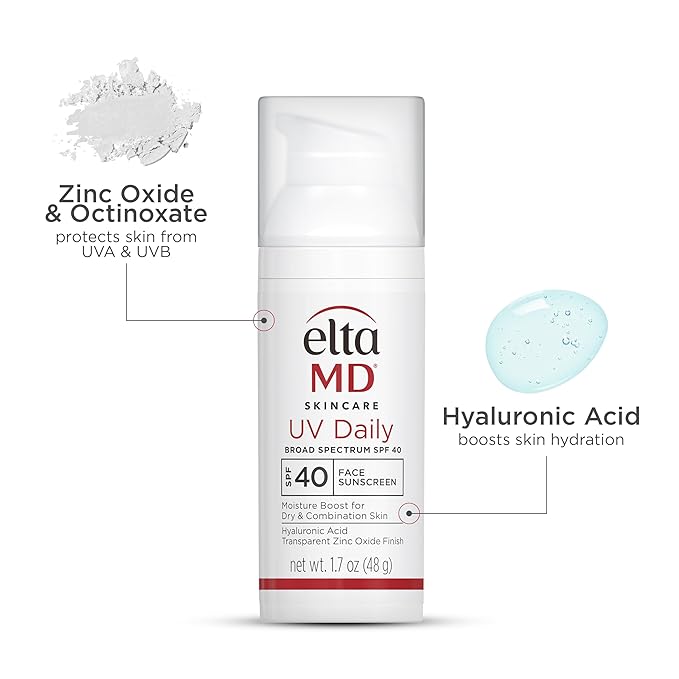 EltaMD UV Daily SPF 40 Face Sunscreen Moisturizer with Zinc Oxide, Daily Face Moisturizer with SPF, Sunscreen, For Dry Skin 1.7 oz Pump
