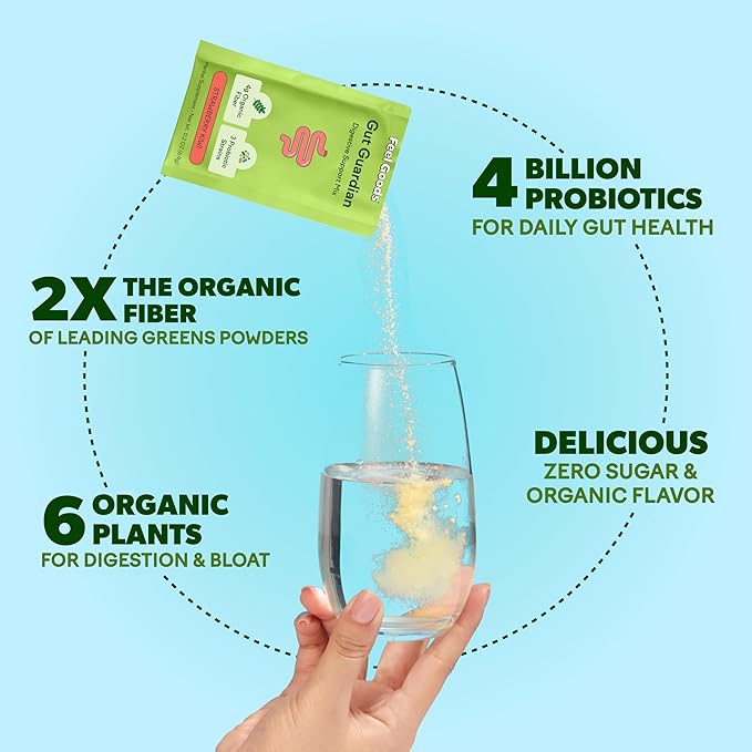 Feel Goods Gut Guardian, Organic Fiber, Probiotic & Prebiotic Powder, Sugar Free, Herbs for Bloat, Gut Health Support, Digestive Health for Men & Women, Non GMO, Vegan, Tropical Mango, 15 Servings